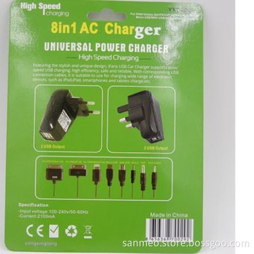 8 in 1 high speed universal 2 USB port AC charger charge various digital devices/high speed chargingNew